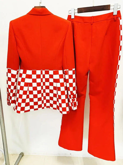 Checkered Block Blazer, Flare Pants Suit - Pantsuit - Guocali