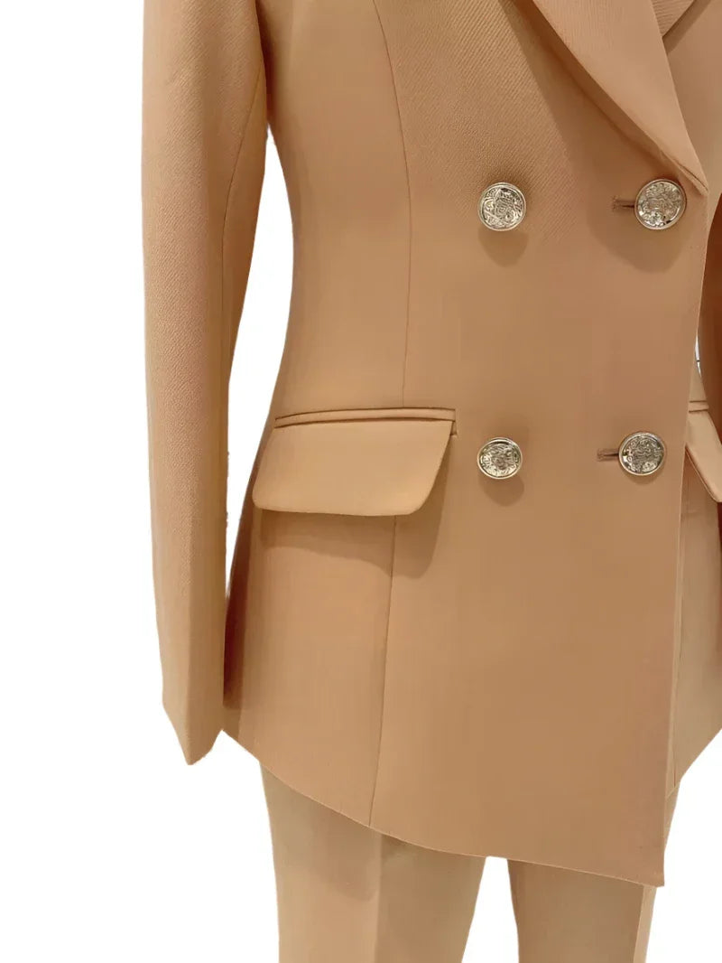Chic Elegant Professional Women's Pant Suit - Solid Double-Breasted - Orange
