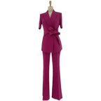 Chic Elegant Women's Pant Suit - Solid Belted
