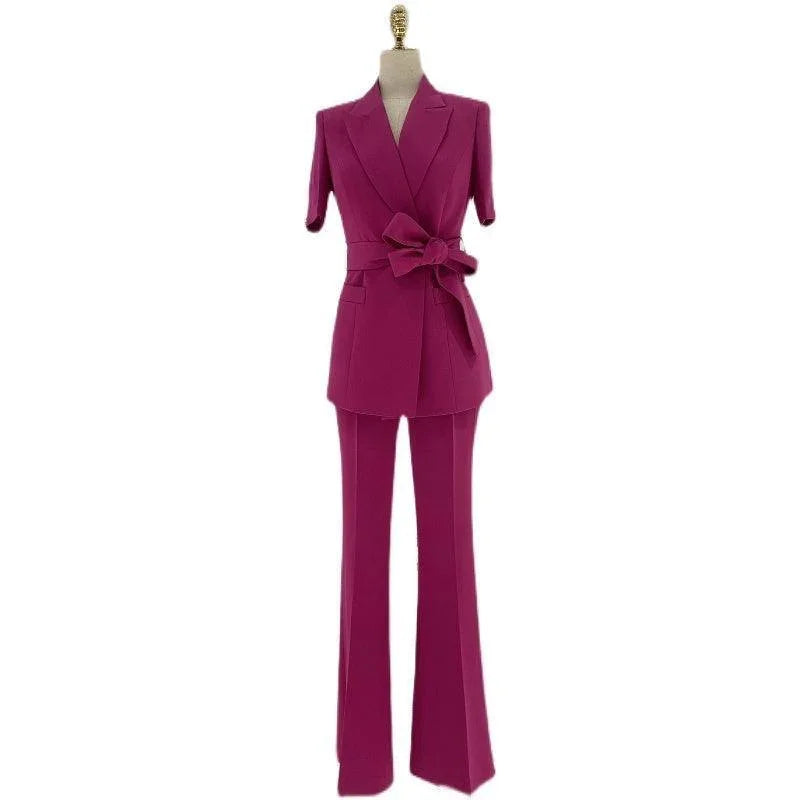 Chic Elegant Women's Pant Suit - Solid Belted