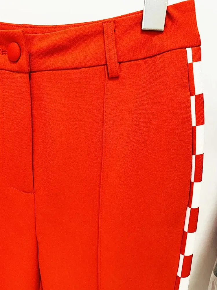 Chic Professional Women's Pant Suit - Checkered Zipper