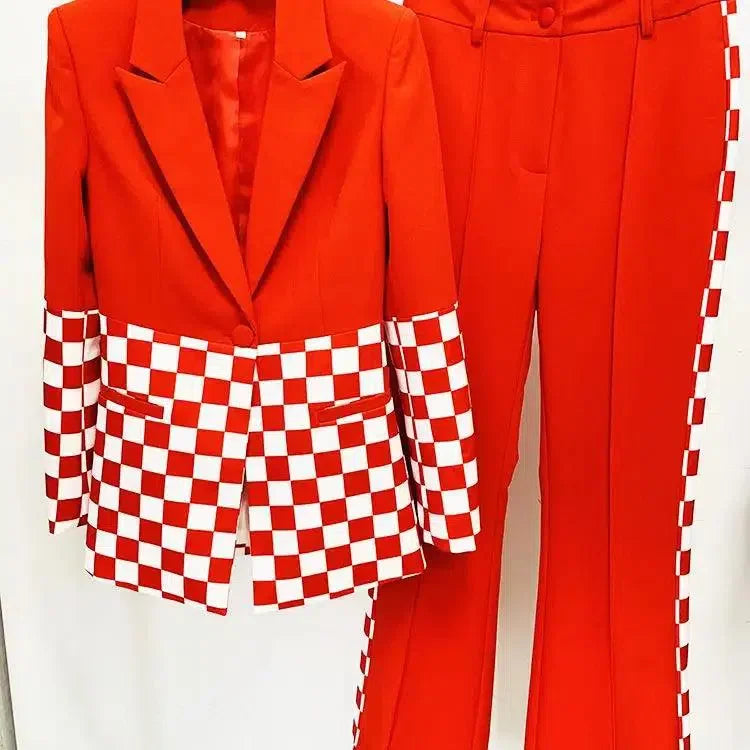 Chic Professional Women's Pant Suit - Checkered Zipper