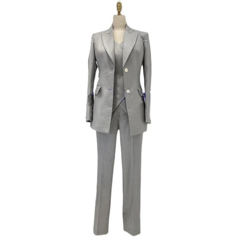 Chic, Professional Women's Pant Suit - Solid Single-Breasted, Light Grey