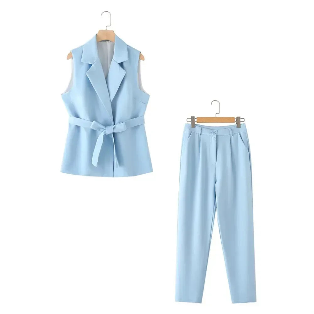 Chic Western Belted Vest Pant Suit -Guocali
