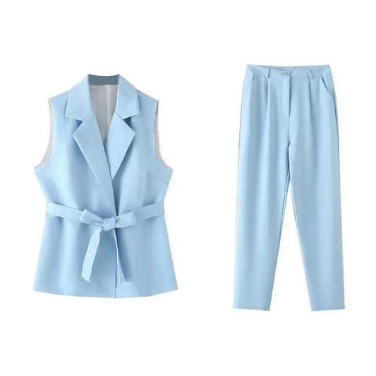 Chic Western Belted Vest Pant Suit -Guocali