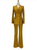 Chic Women's Pant Suit - Solid Double-Breasted - Gold