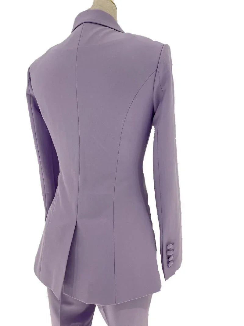 Chic Women's Pant Suit - Solid Double-Breasted - Lavender