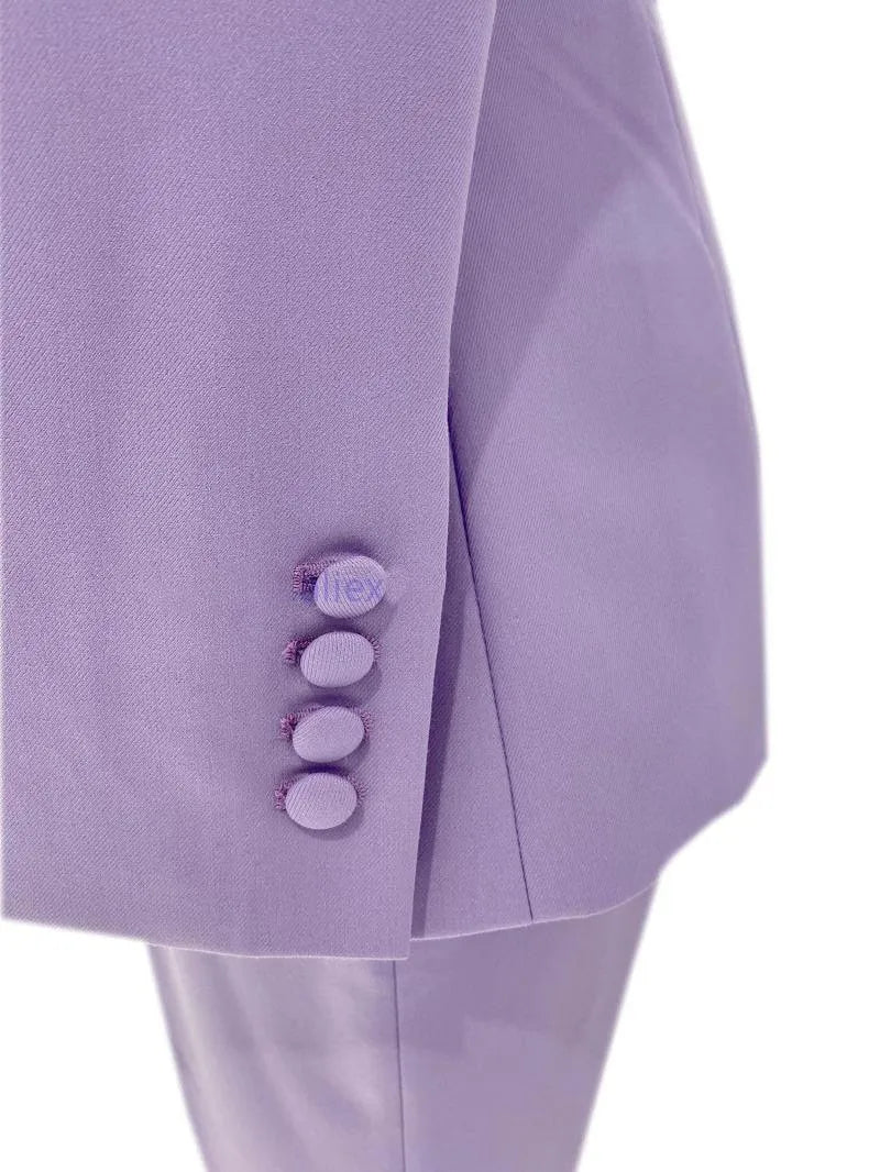 Chic Women's Pant Suit - Solid Double-Breasted - Lavender