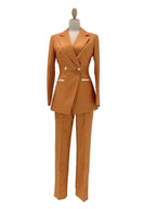 Chic Women's Pant Suit - Solid Double-Breasted - Orange