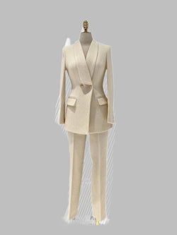 Chic Women's Pant Suit - Solid Double-Breasted, White - Guocali