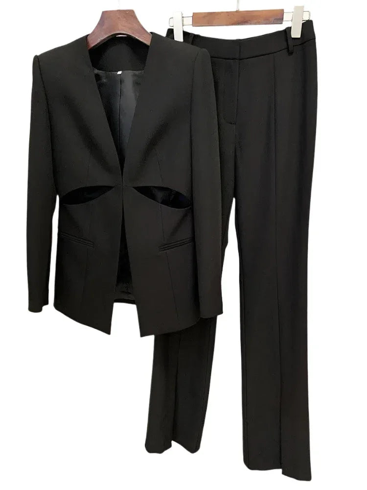 Chic Women's Pant Suit - Solid Zipper, Black