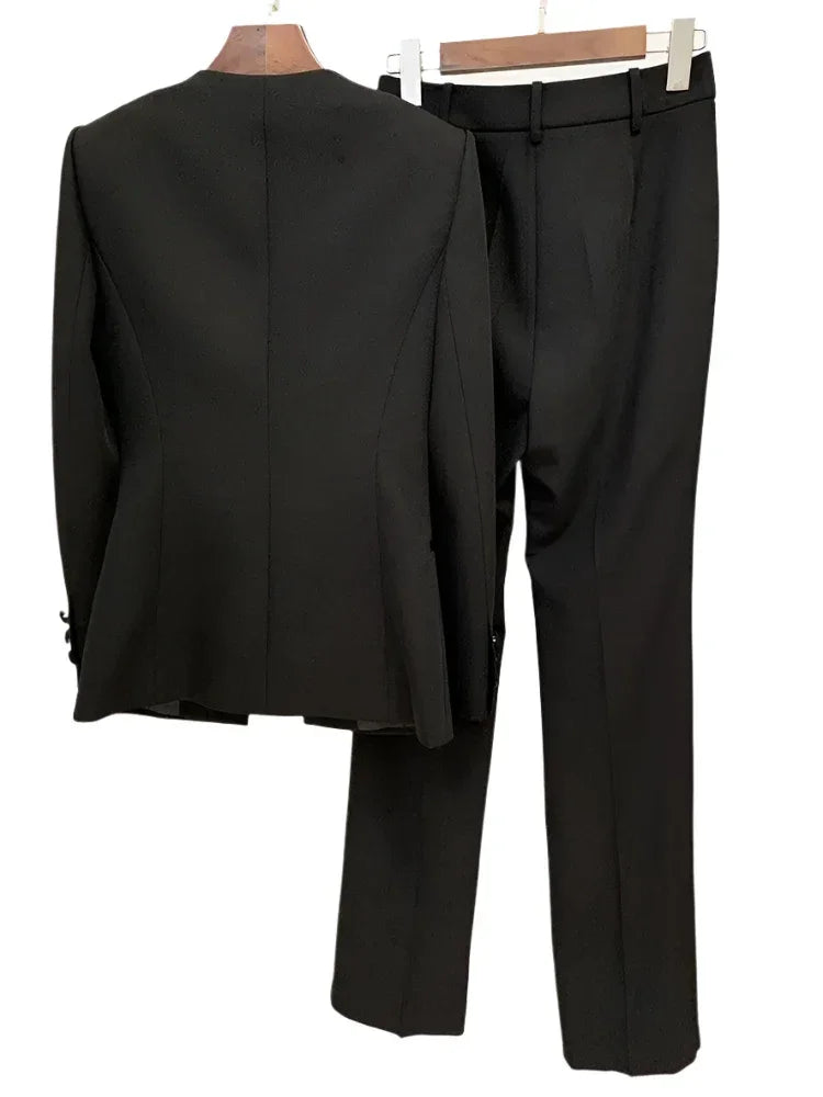 Chic Women's Pant Suit - Solid Zipper, Black