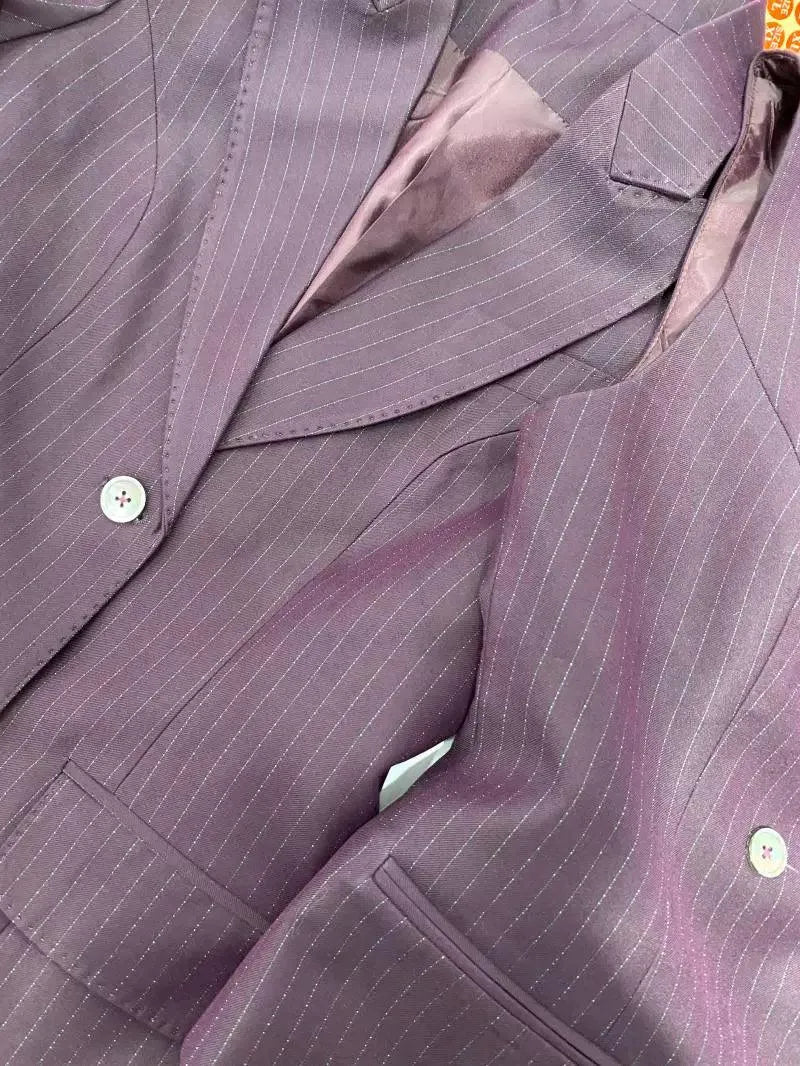 Chic Women's Pant Suit - Striped Single-Breasted - Fuchsia