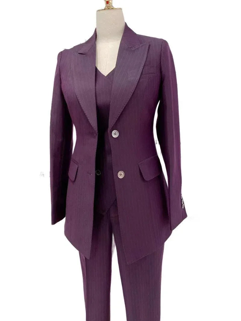 Chic Women's Pant Suit - Striped Single-Breasted - Fuchsia