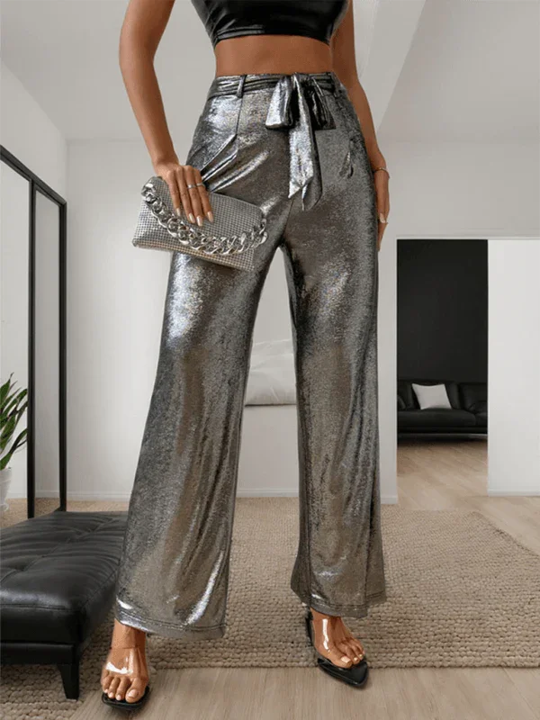 Chic Women Trousers – High-Waist Metallic Finish -Guocali
