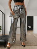 Chic Women Trousers – High-Waist Metallic Finish -Guocali