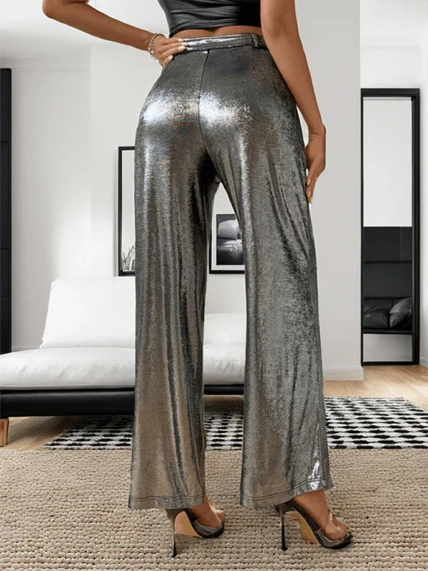 Chic Women Trousers – High-Waist Metallic Finish -Guocali