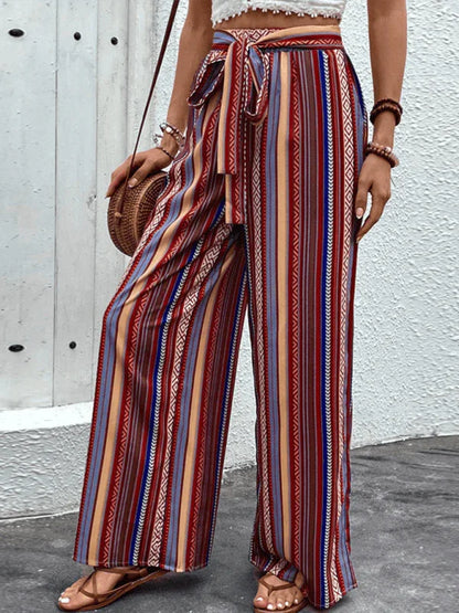 Chic Women Wide Leg Pants – High-Waist Striped Polyester -Guocali
