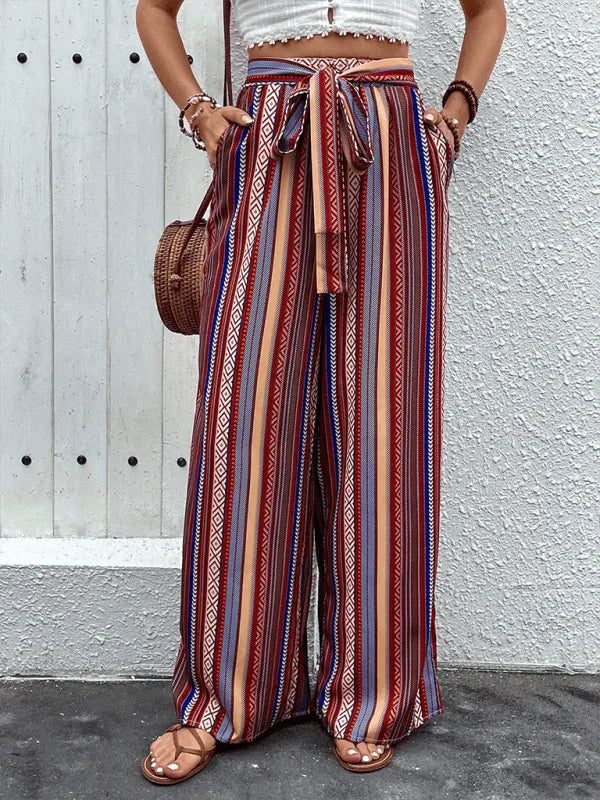 Chic Women Wide Leg Pants – High-Waist Striped Polyester -Guocali