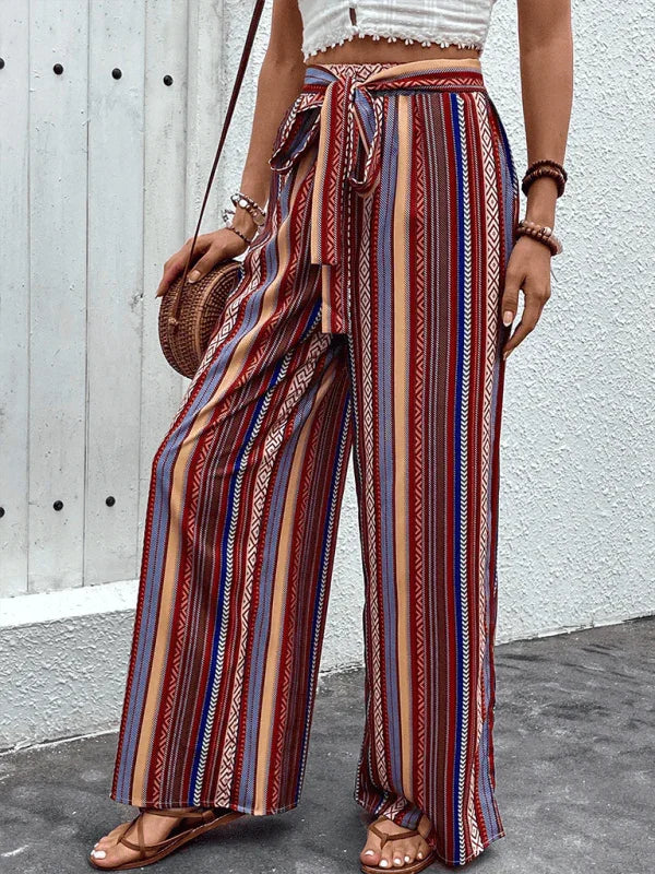 Chic Women Wide Leg Pants – High-Waist Striped Polyester -Guocali