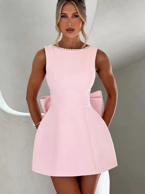 Cocktail A-Line Dress – Mini, Round Neck, Pearl Bow – Cocktail Dress | GUOCALI