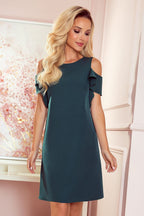 Cocktail Trapeze Dress – Ruffle Sleeves, Bottle Green | GUOCALI