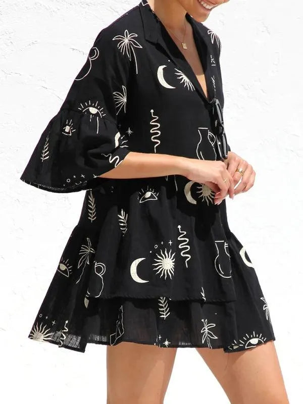 Comfortable Trumpet Sleeve Ethnic Dress -Guocali