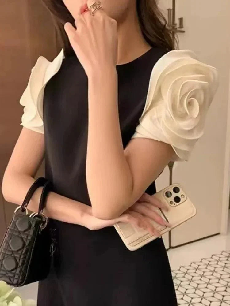 Contrasting Splicing Flower Short Dress -Guocali