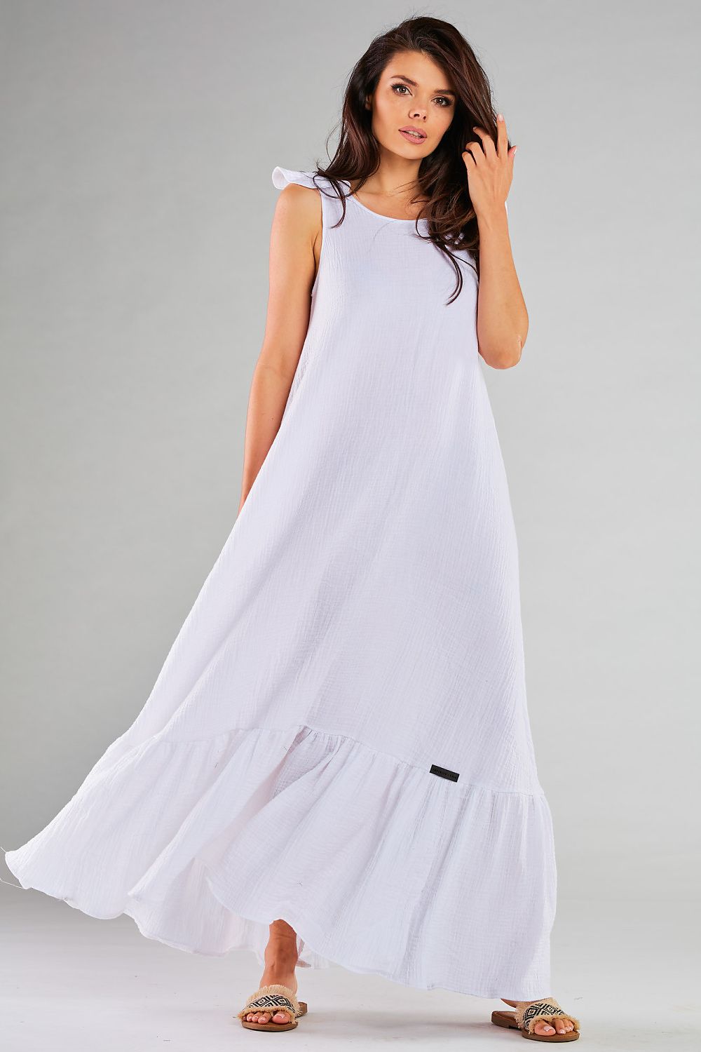 Cotton Maxi Dress – Round Neck, A-Line, Ruffled Hem – Daydress | GUOCALI – view 3