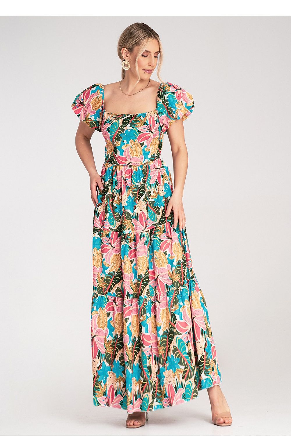 Cotton Maxi Dress – Square Neck, A-Line, Tiered Skirt, Pink – Daydress | GUOCALI