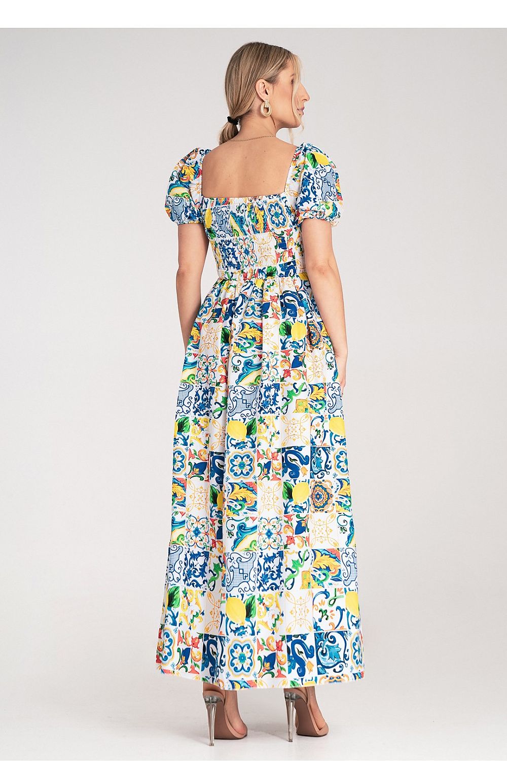 Cotton Maxi Dress – Square Neck, Fit-and-Flare, Tile Print, Blue – Daydress | GUOCALI – view 3