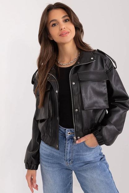 Women's Leather Jacket - With Pockets Chic Casual - Black