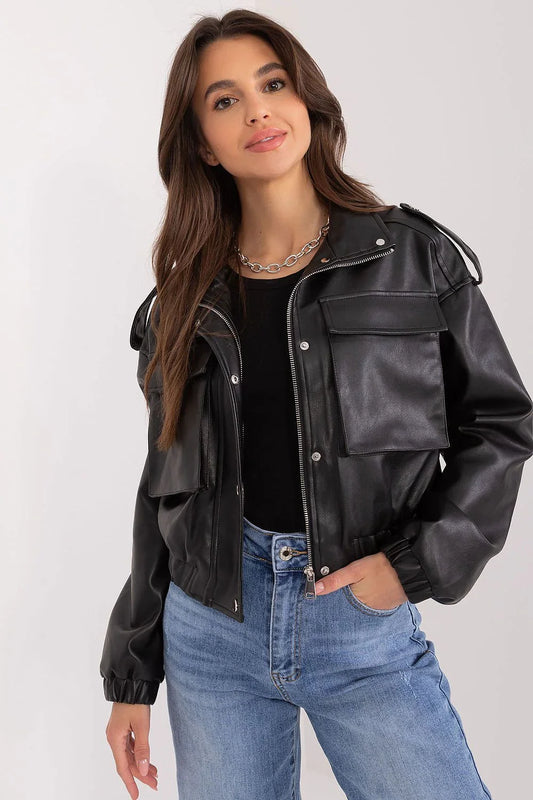 Women's Leather Jacket - With Pockets Chic Casual - Black