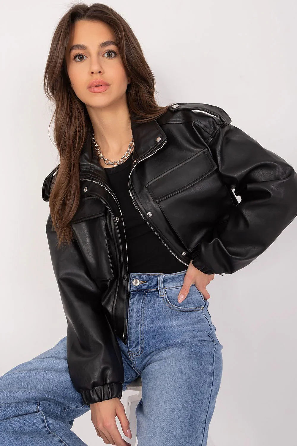 Women's Leather Jacket - With Pockets Chic Casual - Black