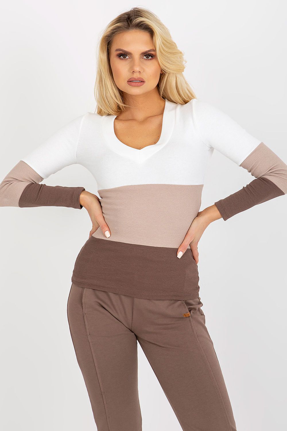 Women's V-Neck Blouse - Colorblock Hip Length