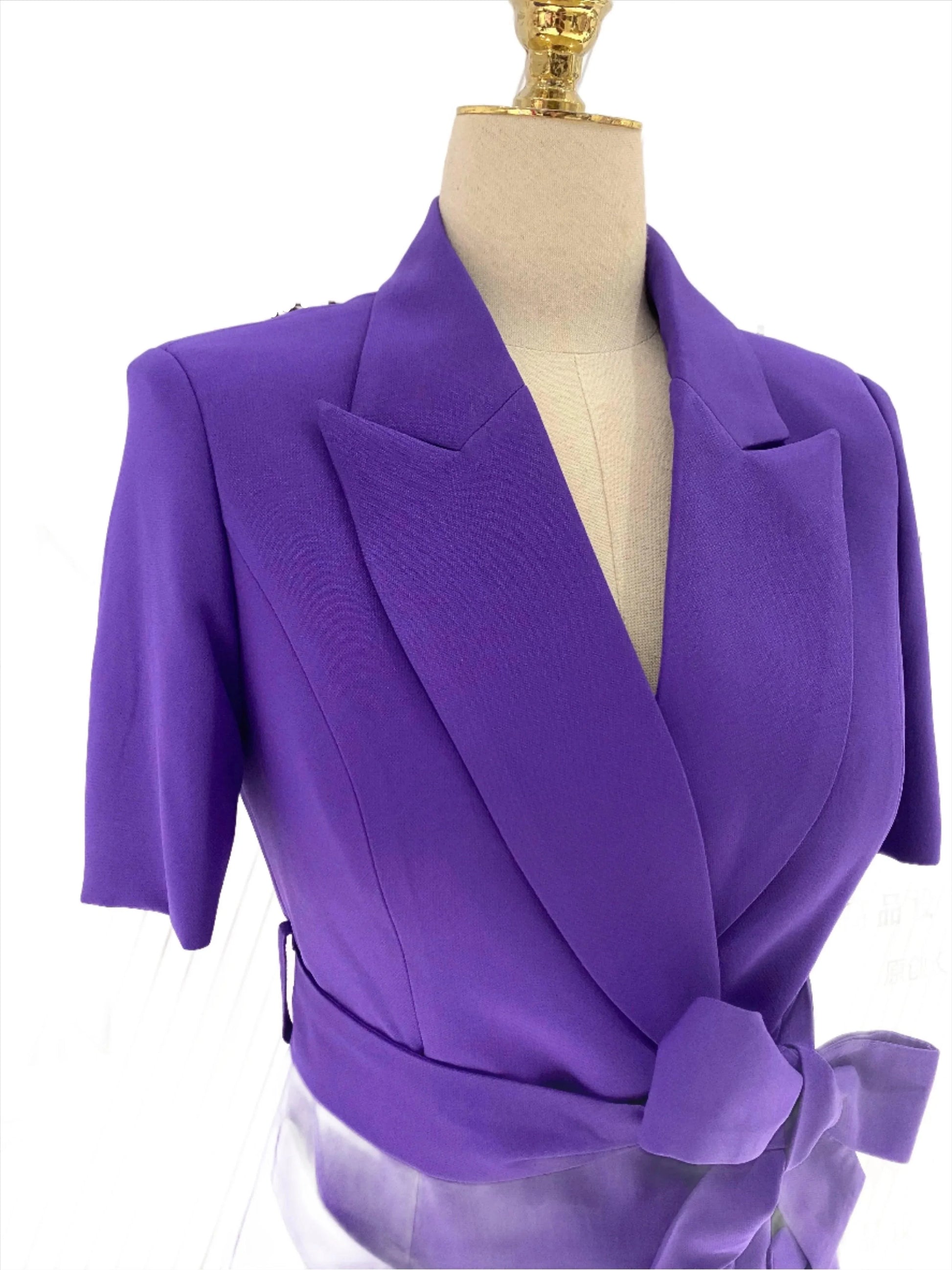 Dark Purple Short-Sleeved Belted Women Pant Suit -Guocali