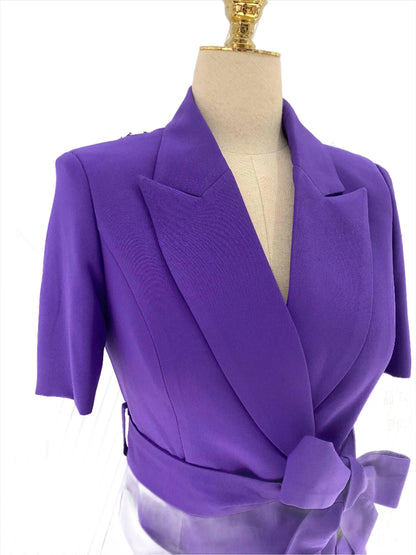 Dark Purple Short-Sleeved Belted Women Pant Suit -Guocali