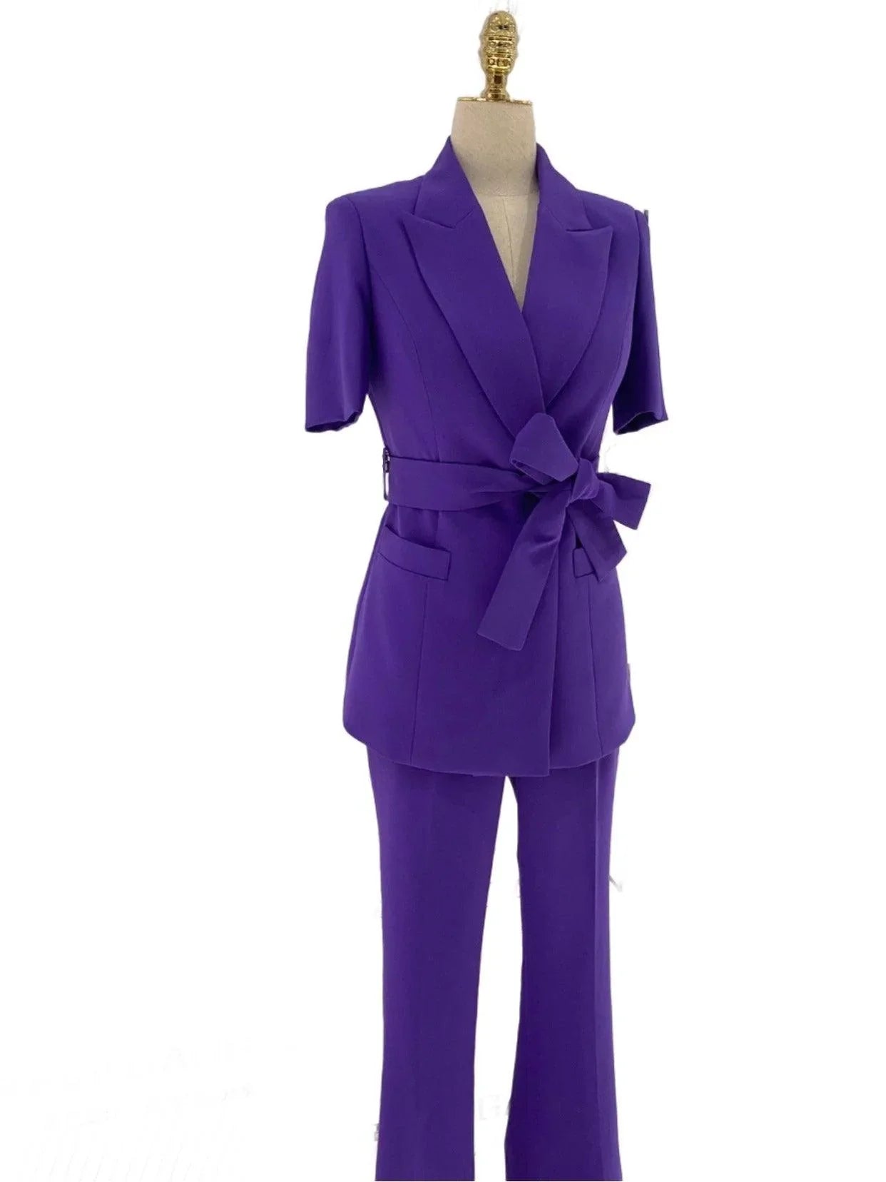 Dark Purple Short-Sleeved Belted Women Pant Suit -Guocali