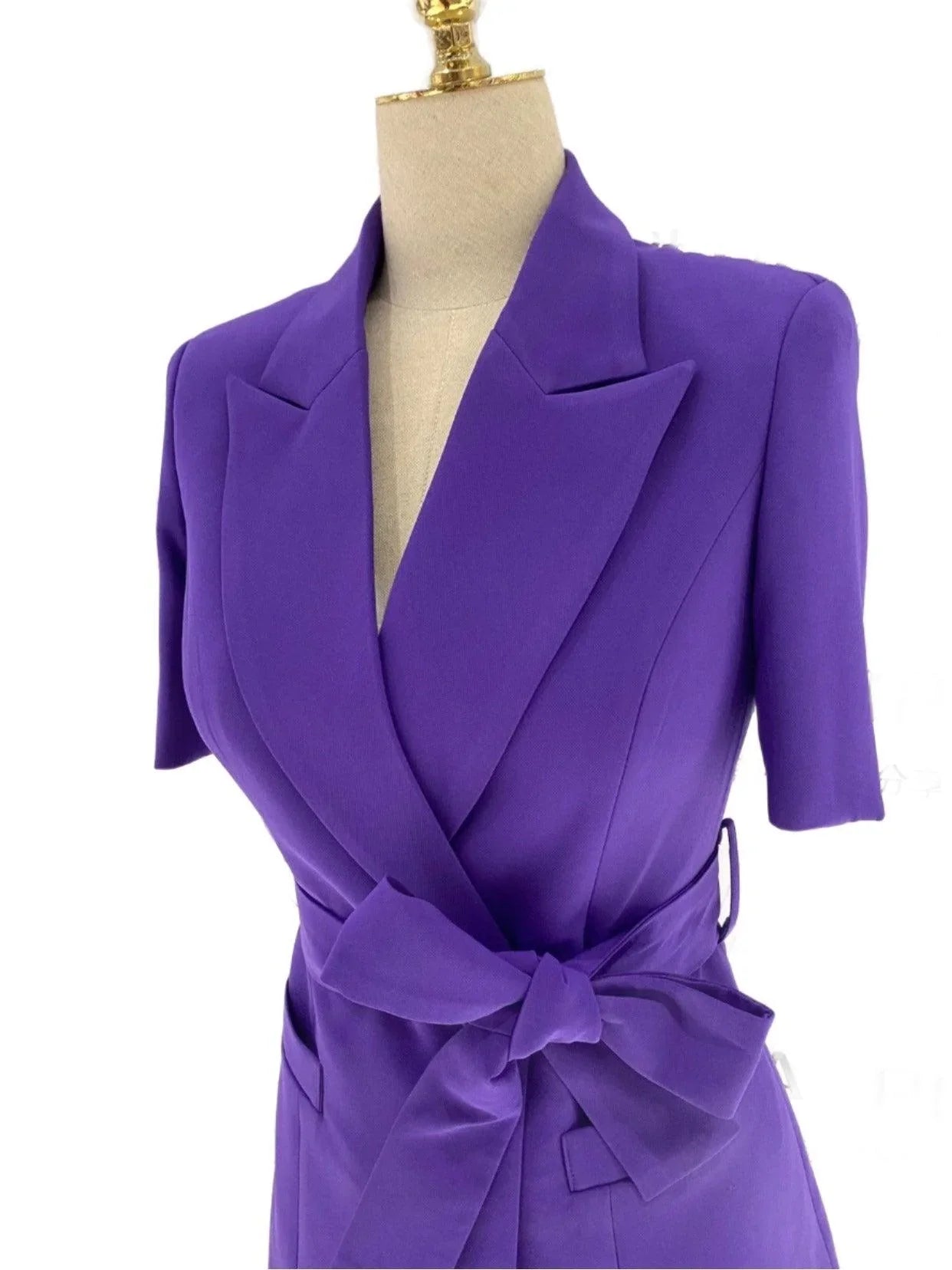 Dark Purple Short-Sleeved Belted Women Pant Suit -Guocali