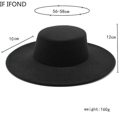 Black derby fedora hat with wide brim, size 56-58cm, weight 160g, product display