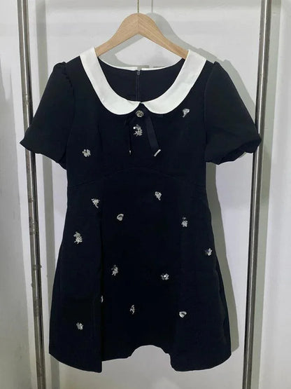 Diamond Studded Black A-Line Dress -Guocali