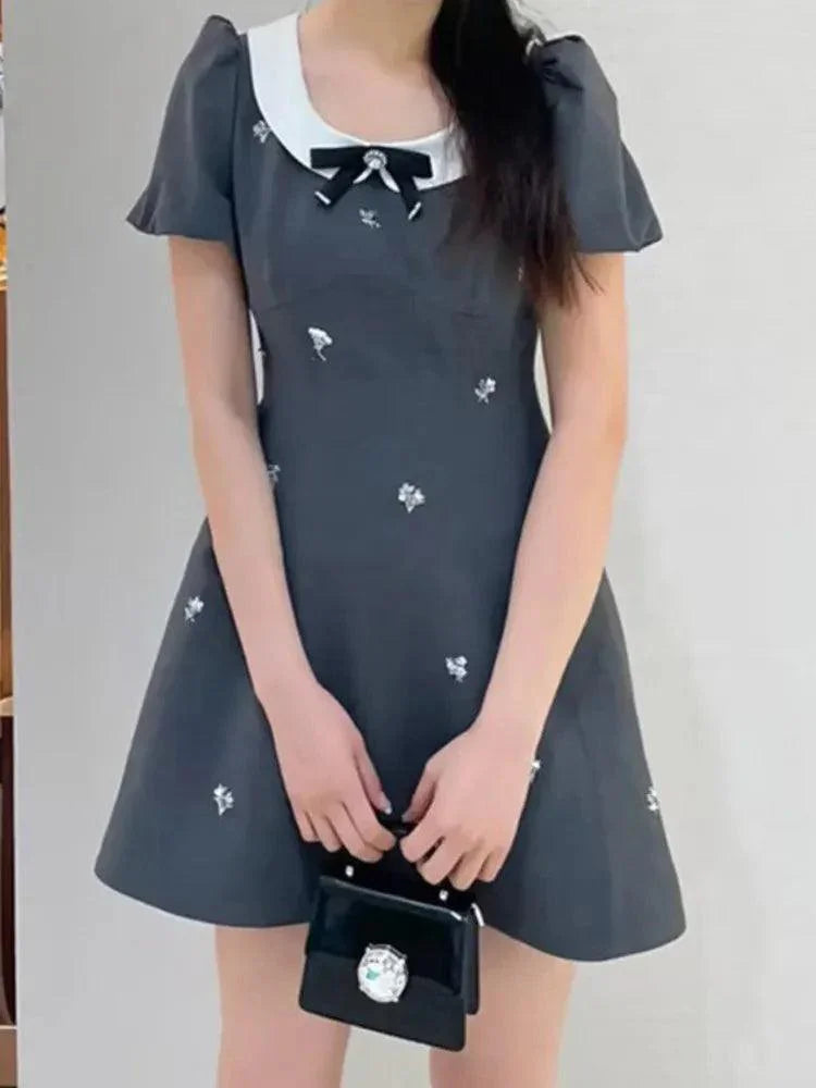 Diamond Studded Black A-Line Dress -Guocali