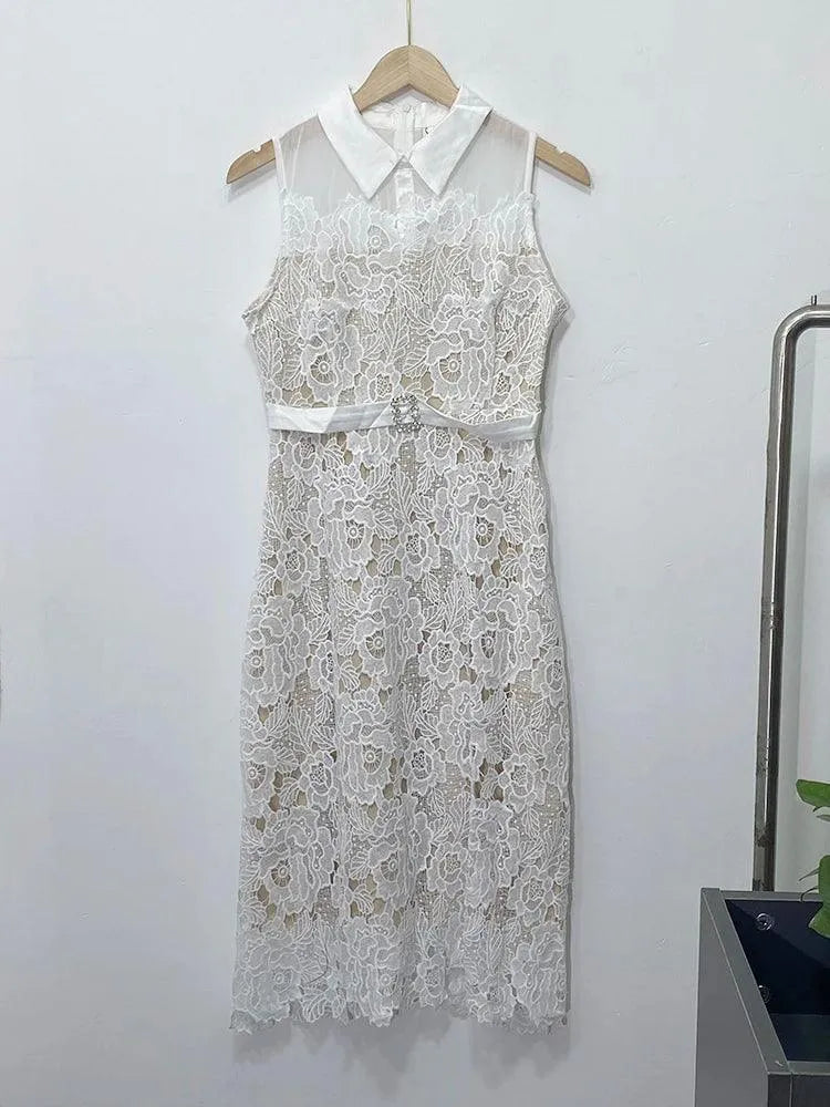 Doll Neck Patchwork Flower Lace Dress -Guocali