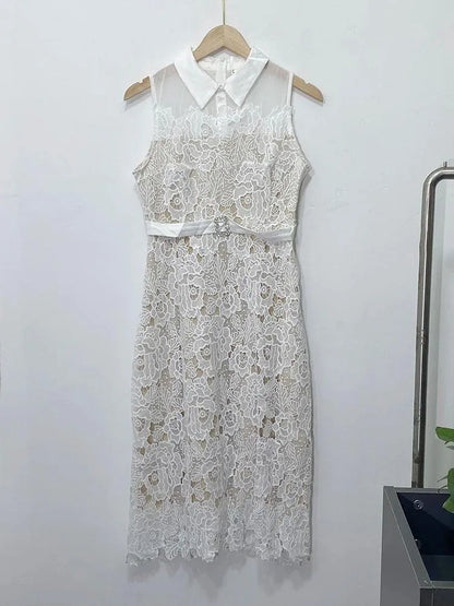 Doll Neck Patchwork Flower Lace Dress -Guocali