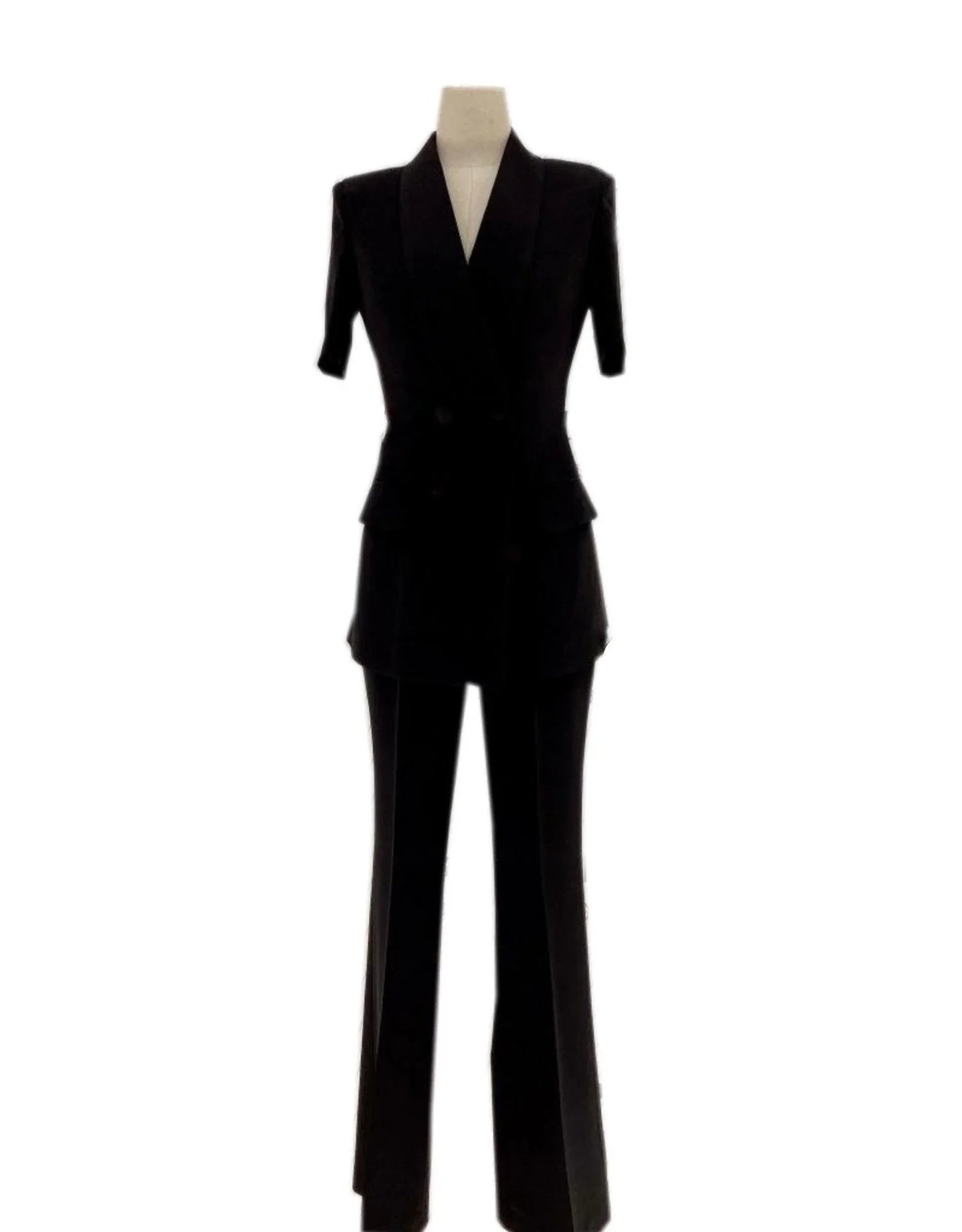 Black double-breasted women's business pantsuit on mannequin, trouser suit set