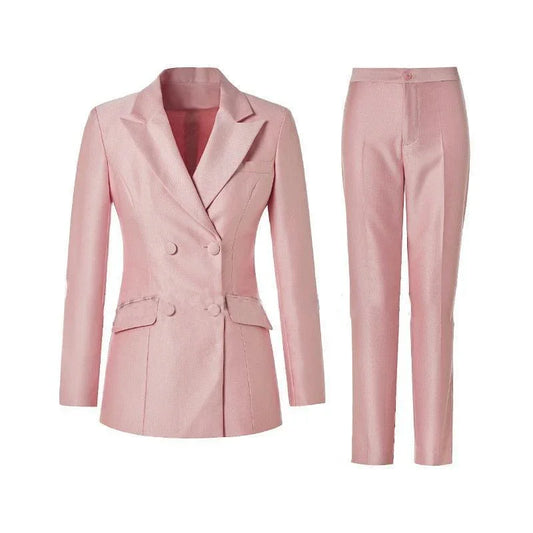 Pink double-breasted women's business pantsuit with blazer and trousers on white background