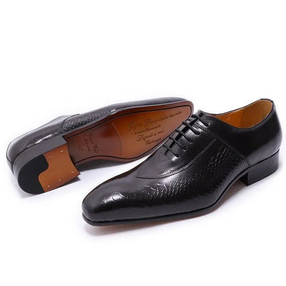 Black leather dress shoes for men with textured pattern and classic lace-up design