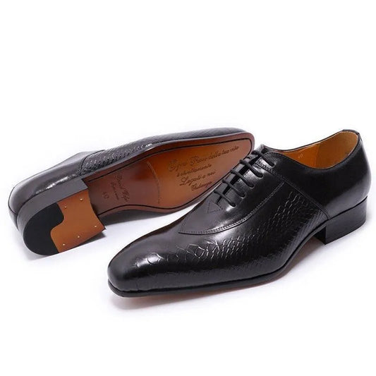 Black leather dress shoes for men with textured pattern and classic lace-up design