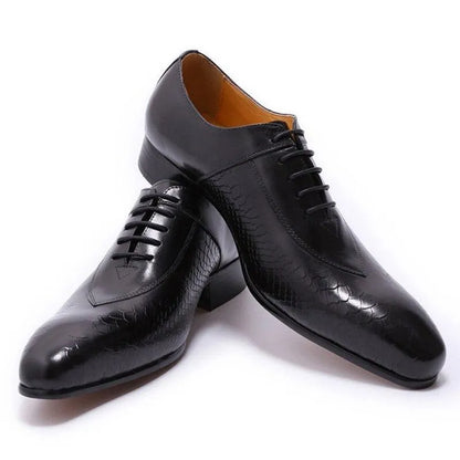 Black men's leather dress shoes with textured pattern, formal lace-up style on white background