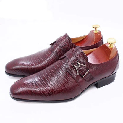 Burgundy lizard-texture leather dress shoes for men with metal buckle detail